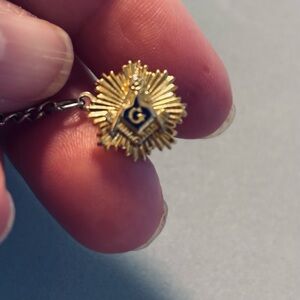 Vintage Masonic Square Sunburst Gold and Blue Masonic Pin With Attached Chain